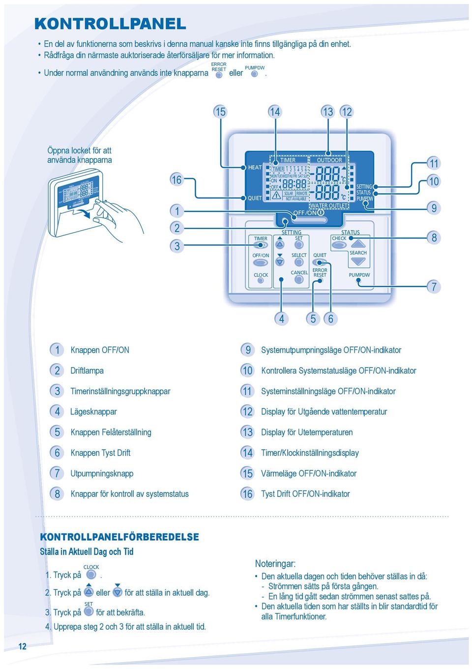 15 14 13 12 Öppna locket för att använda knapparna TANK OPERATI 1 OUTDOOR M TUE WEDTHU FRI SAT SUN 2 3 4 5 6 SOLAR REMOTE NOT AVAILABLE / WATER OUTLET ATUAL BOOSTER 16 1 2 3 TANK OPERATI / 1 2 3 4 5