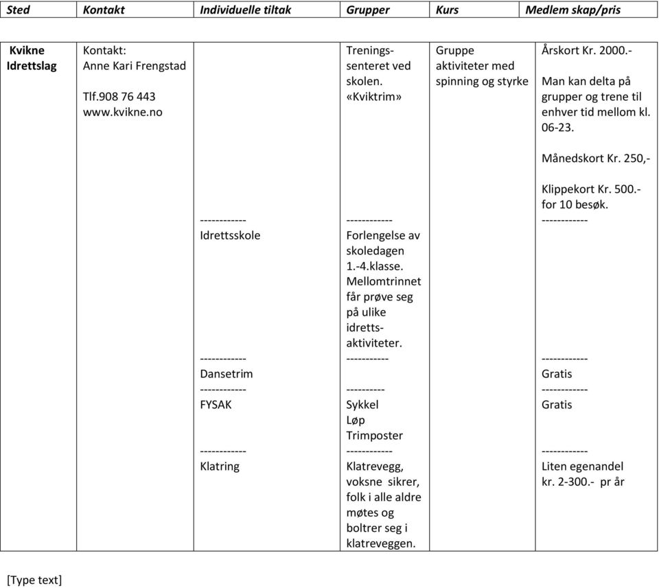 Månedskort Kr. 250,- Idrettsskole Dansetrim FYSAK Klatring Forlengelse av skoledagen 1.-4.klasse.