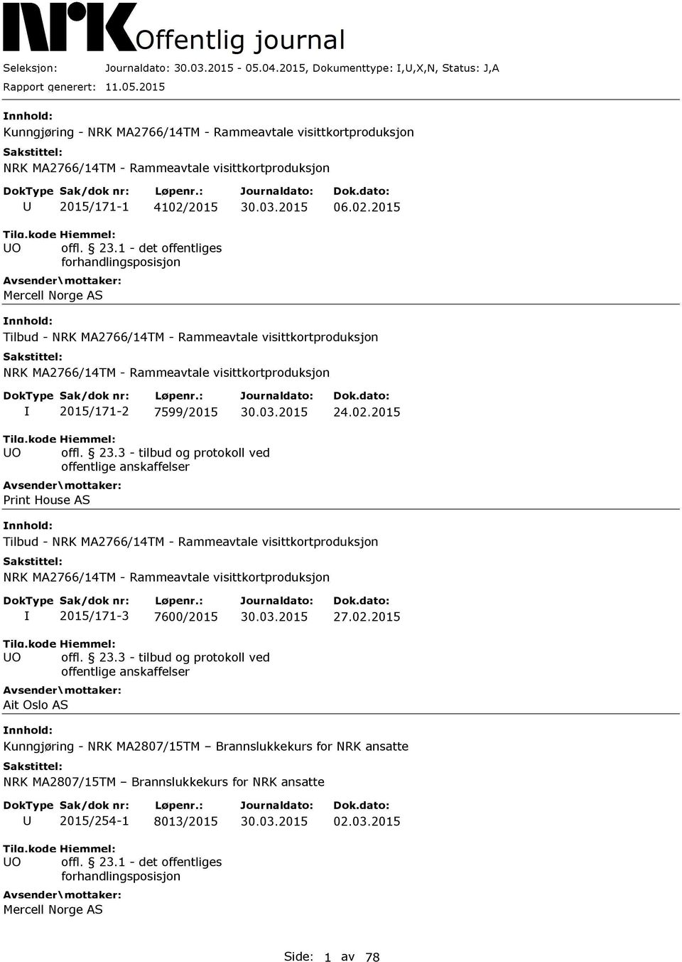 1- det offentliges forhandlingsposisjon Tilbud NRK MA2766/14TM- Rammeavtale visittkortproduksjon NRK MA2766/14TM- Rammeavtale visittkortproduksjon 2015/171-2 7599/2015 24.02.2015 Tila.