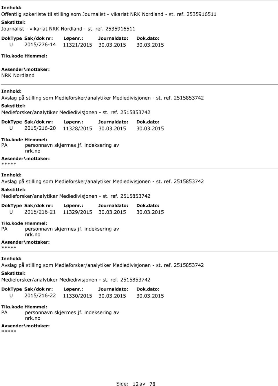 ref. 2515853742 2015/216-20 11328/2015 Avslag på stilling som Medieforsker/analytiker Mediedivisjonen - st. ref.