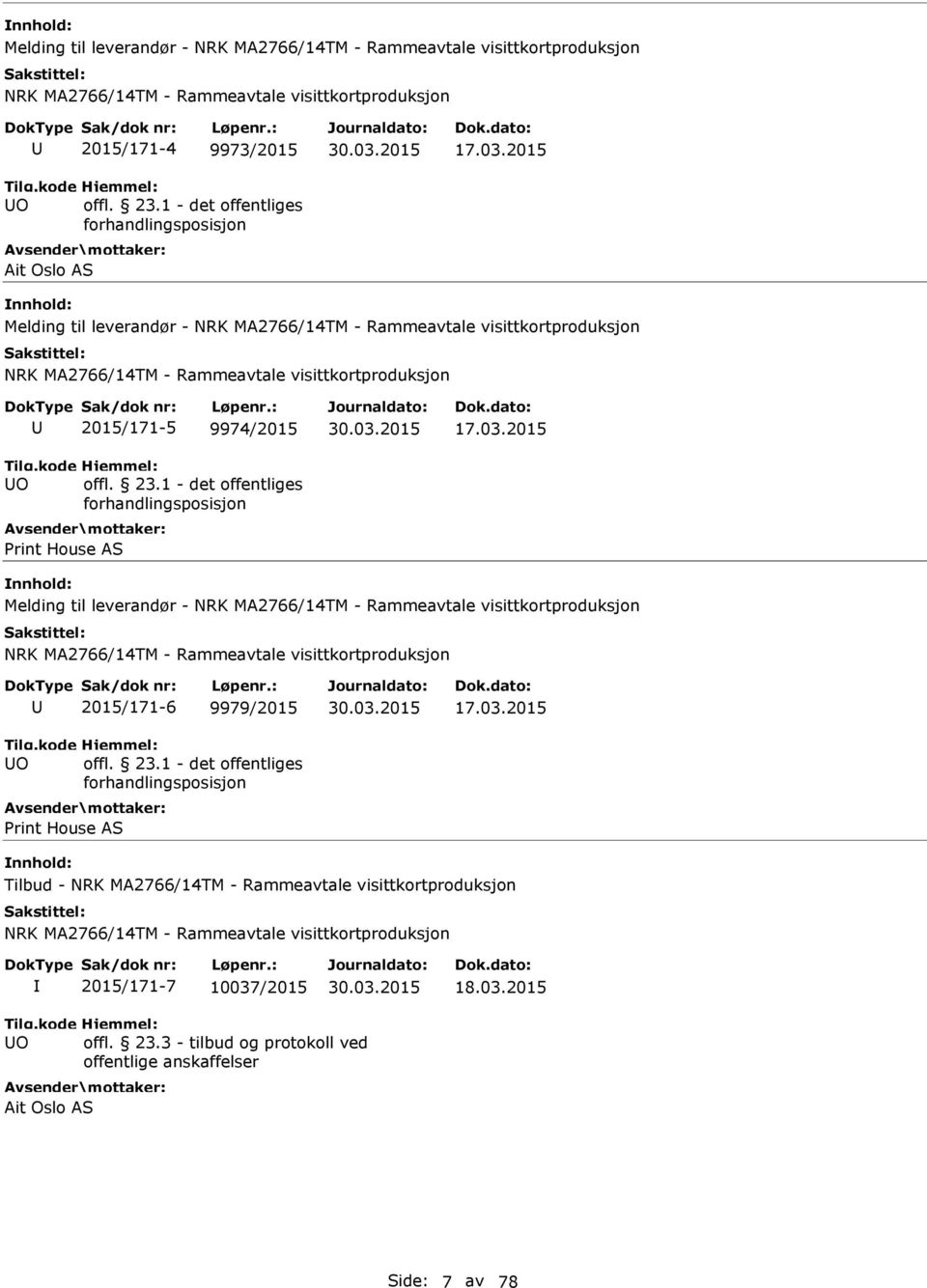 2015 Melding til leverandør - NRK MA2766/14TM - Rammeavtale visittkortproduksjon NRK MA2766/14TM - Rammeavtale visittkortproduksjon O 2015/171-5 9974/2015 offl. 23.