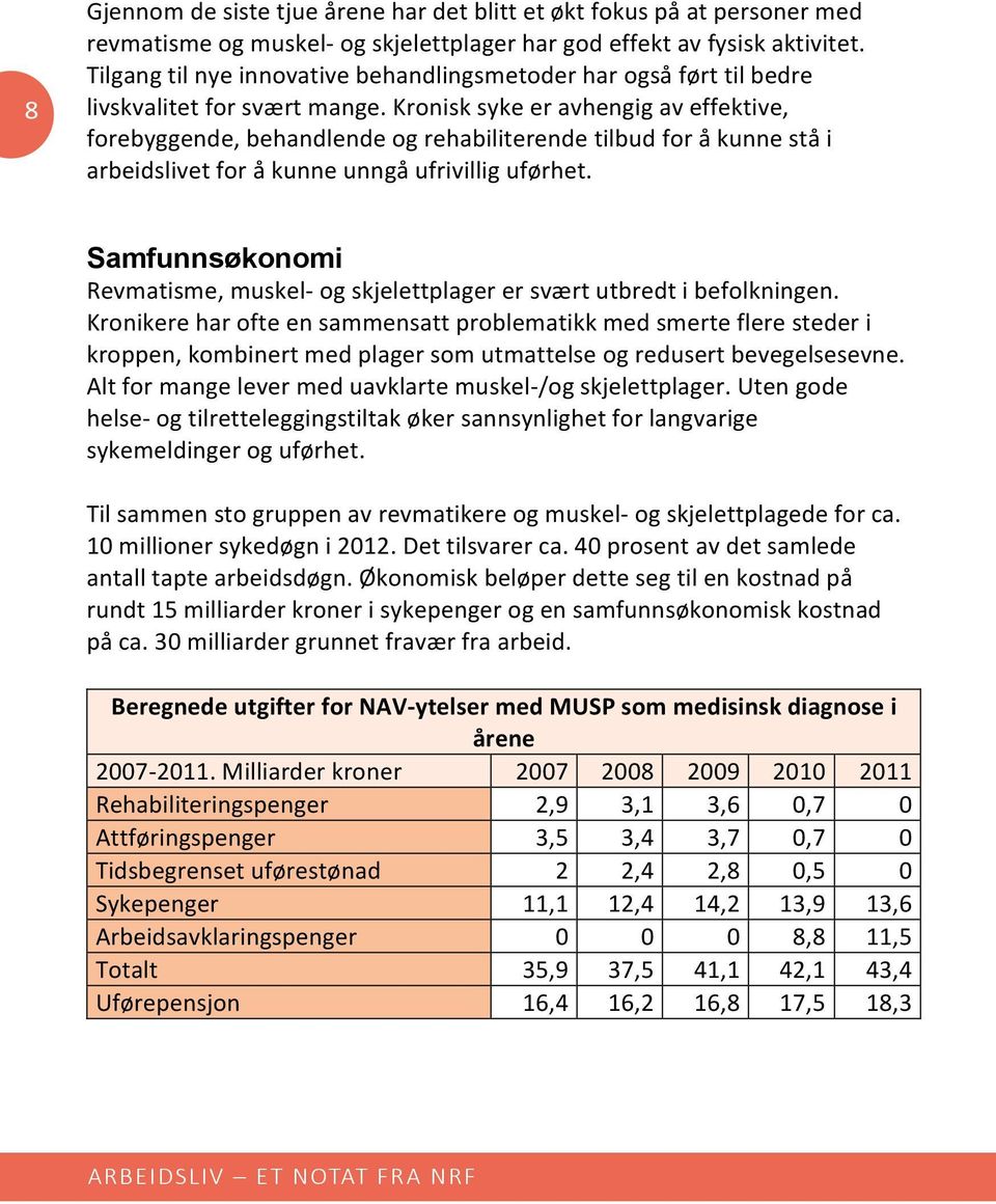 Kronisk syke er avhengig av effektive, forebyggende, behandlende og rehabiliterende tilbud for å kunne stå i arbeidslivet for å kunne unngå ufrivillig uførhet.