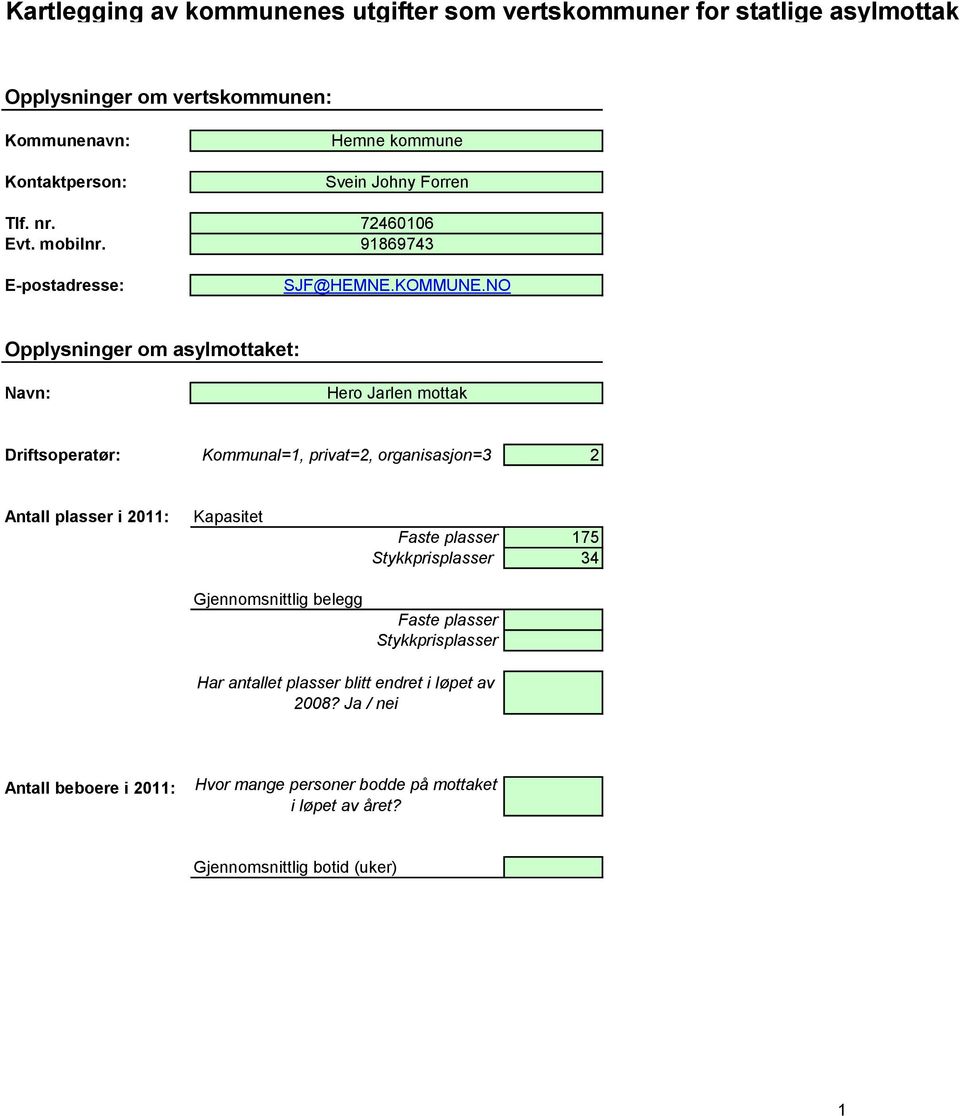 NO Opplysninger om asylmottaket: Navn: Hero Jarlen mottak Driftsoperatør: Kommunal=1, privat=2, organisasjon=3 2 Antall plasser i 211: Kapasitet Gjennomsnittlig