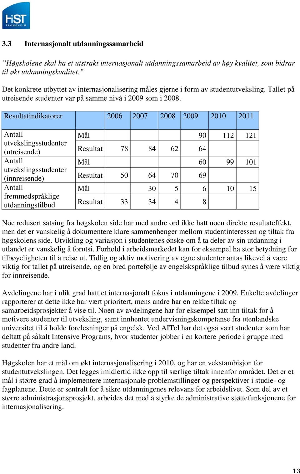 Resultatindikatorer 2006 2007 2008 2009 2010 2011 Antall utvekslingsstudenter (utreisende) Antall utvekslingsstudenter (innreisende) Antall fremmedspråklige utdanningstilbud Mål 90 112 121 Resultat