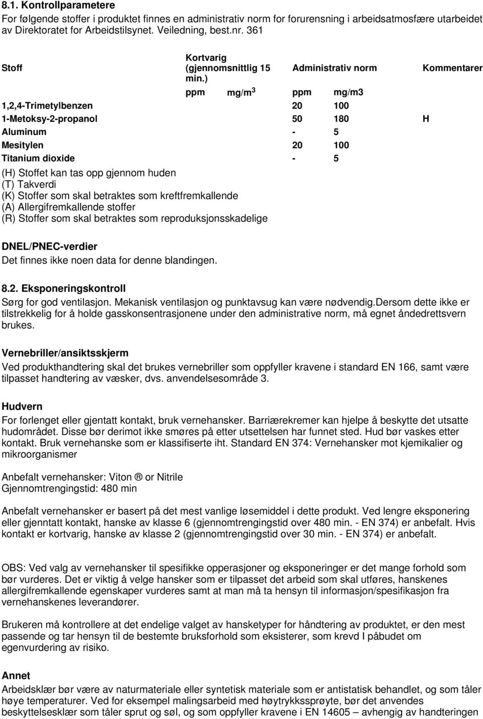 ) Administrativ norm Kommentarer ppm mg/m 3 ppm mg/m3 1,2,4-Trimetylbenzen 20 100 1-Metoksy-2-propanol 50 180 H Aluminum - 5 Mesitylen 20 100 Titanium dioxide - 5 (H) Stoffet kan tas opp gjennom