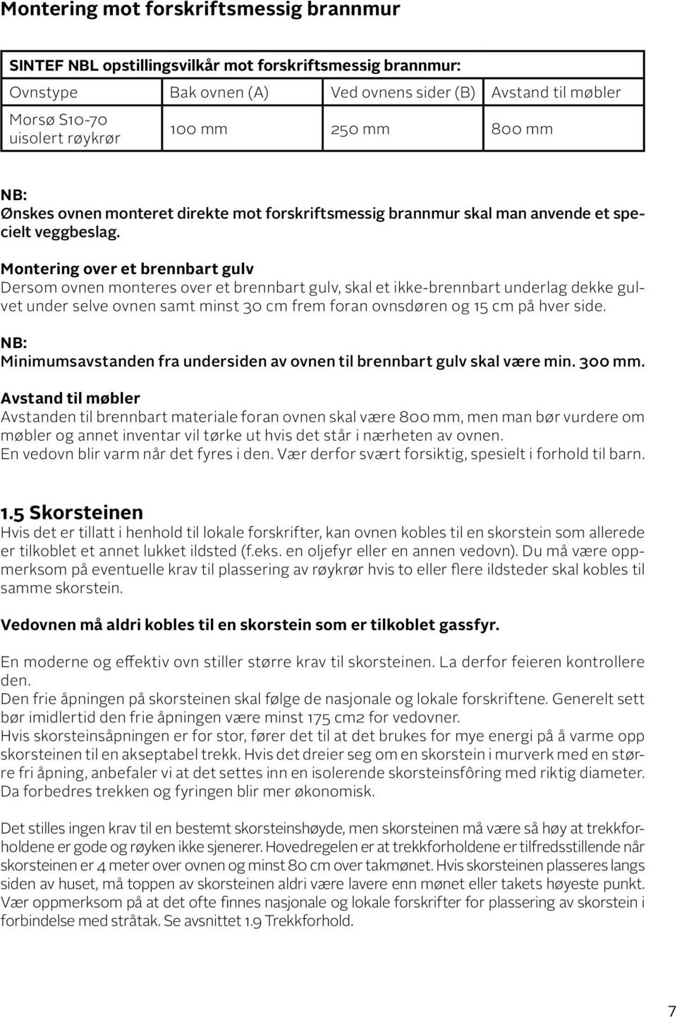 Montering over et brennbart gulv Dersom ovnen monteres over et brennbart gulv, skal et ikke-brennbart underlag dekke gulvet under selve ovnen samt minst 30 cm frem foran ovnsdøren og 15 cm på hver