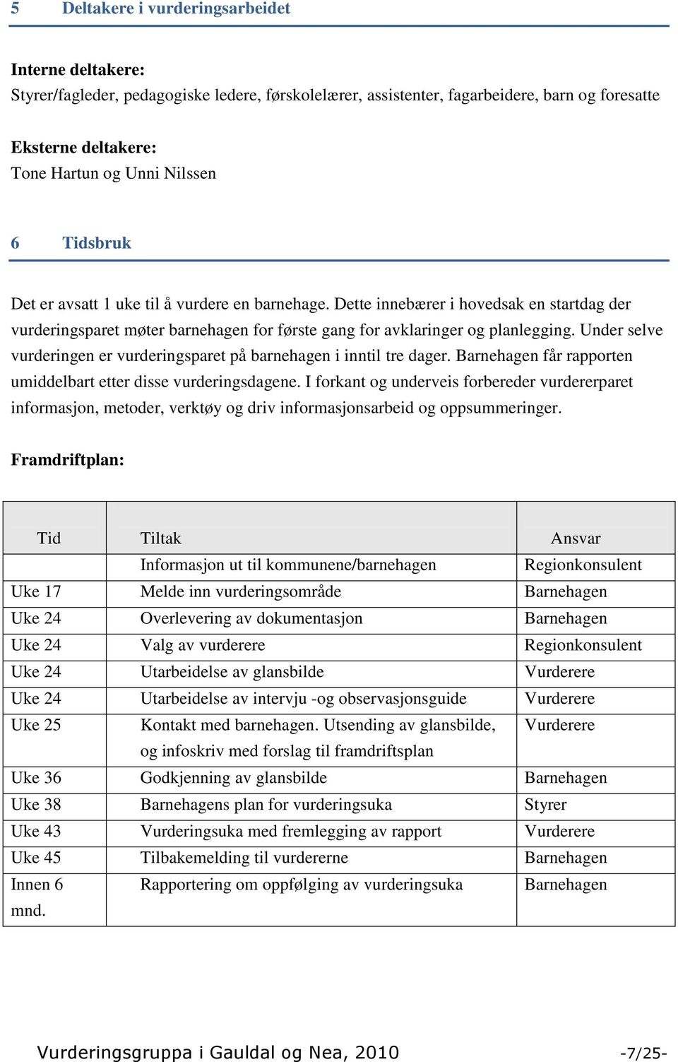 Under selve vurderingen er vurderingsparet på barnehagen i inntil tre dager. Barnehagen får rapporten umiddelbart etter disse vurderingsdagene.