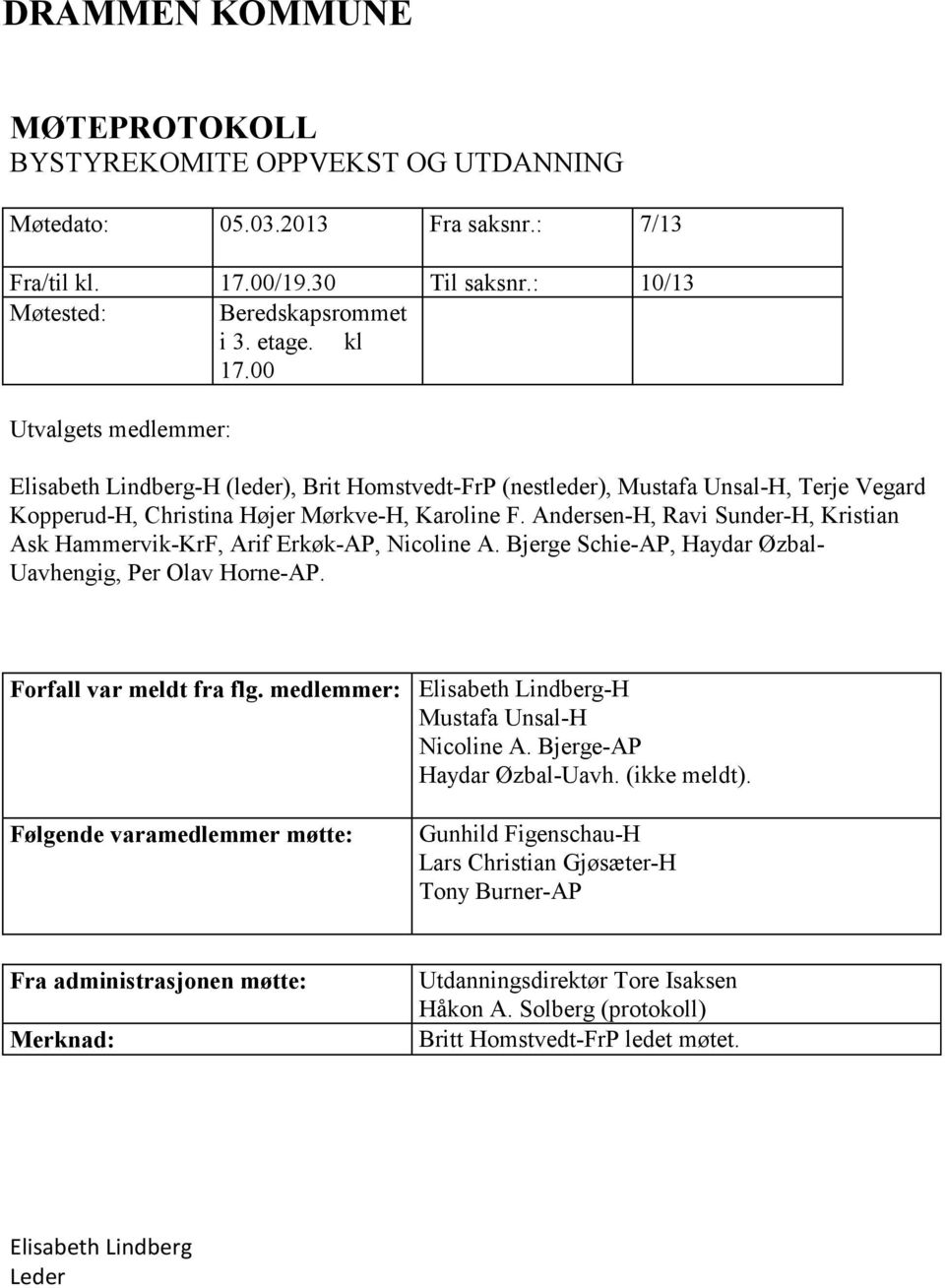 Andersen-H, Ravi Sunder-H, Kristian Ask Hammervik-KrF, Arif Erkøk-AP, Nicoline A. Bjerge Schie-AP, Haydar Øzbal- Uavhengig, Per Olav Horne-AP. Forfall var meldt fra flg.