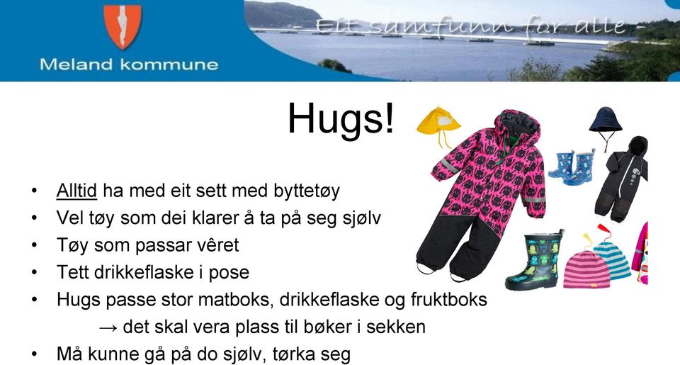 i pose Hugs passe stor matboks, drikkeflaske og fruktboks det