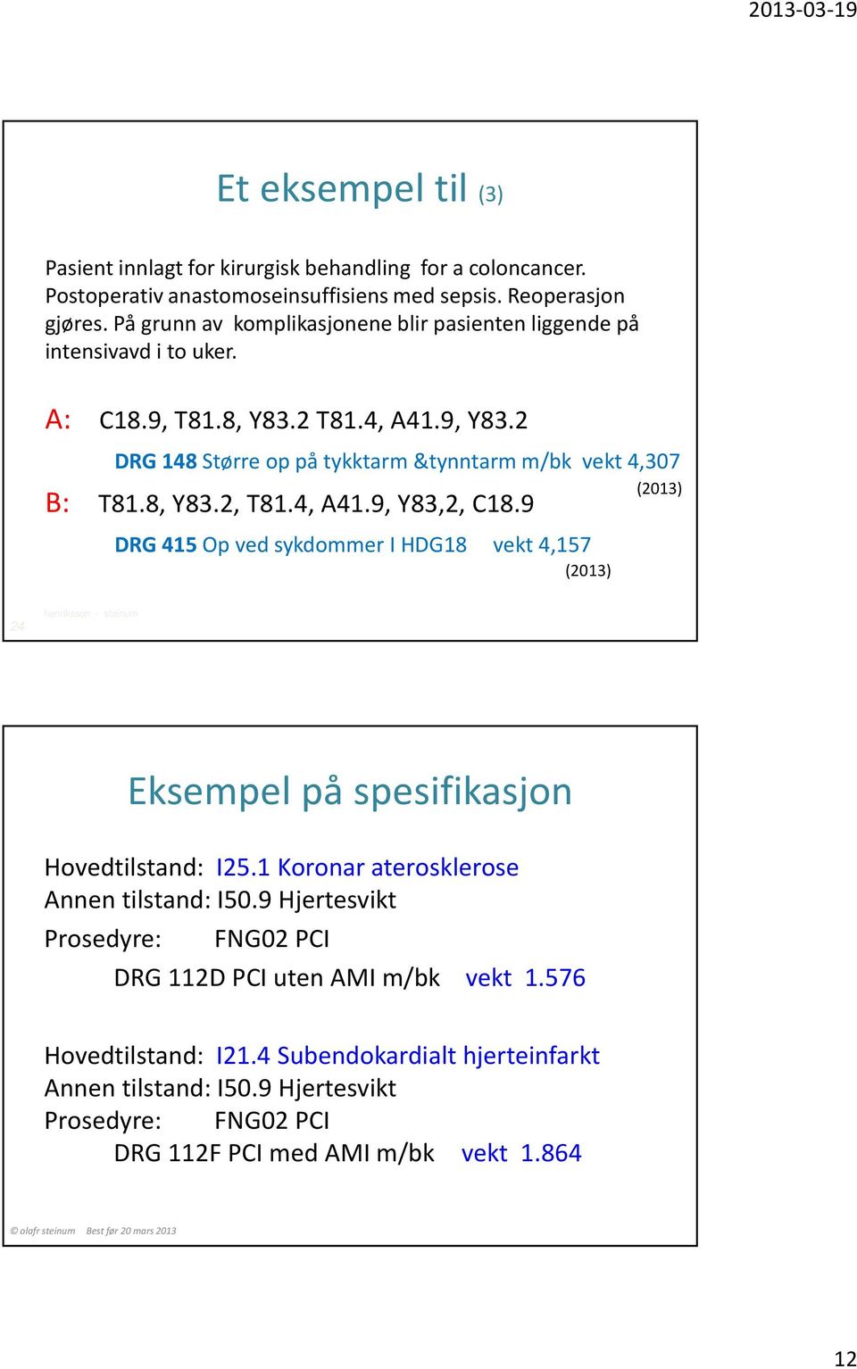 8, Y83.2, T81.4, A41.9, Y83,2, C18.9 DRG 415 Op vedsykdommeri HDG18 vekt4,157 (2013) (2013) 24 henriksson - steinum Eksempel på spesifikasjon Hovedtilstand: I25.