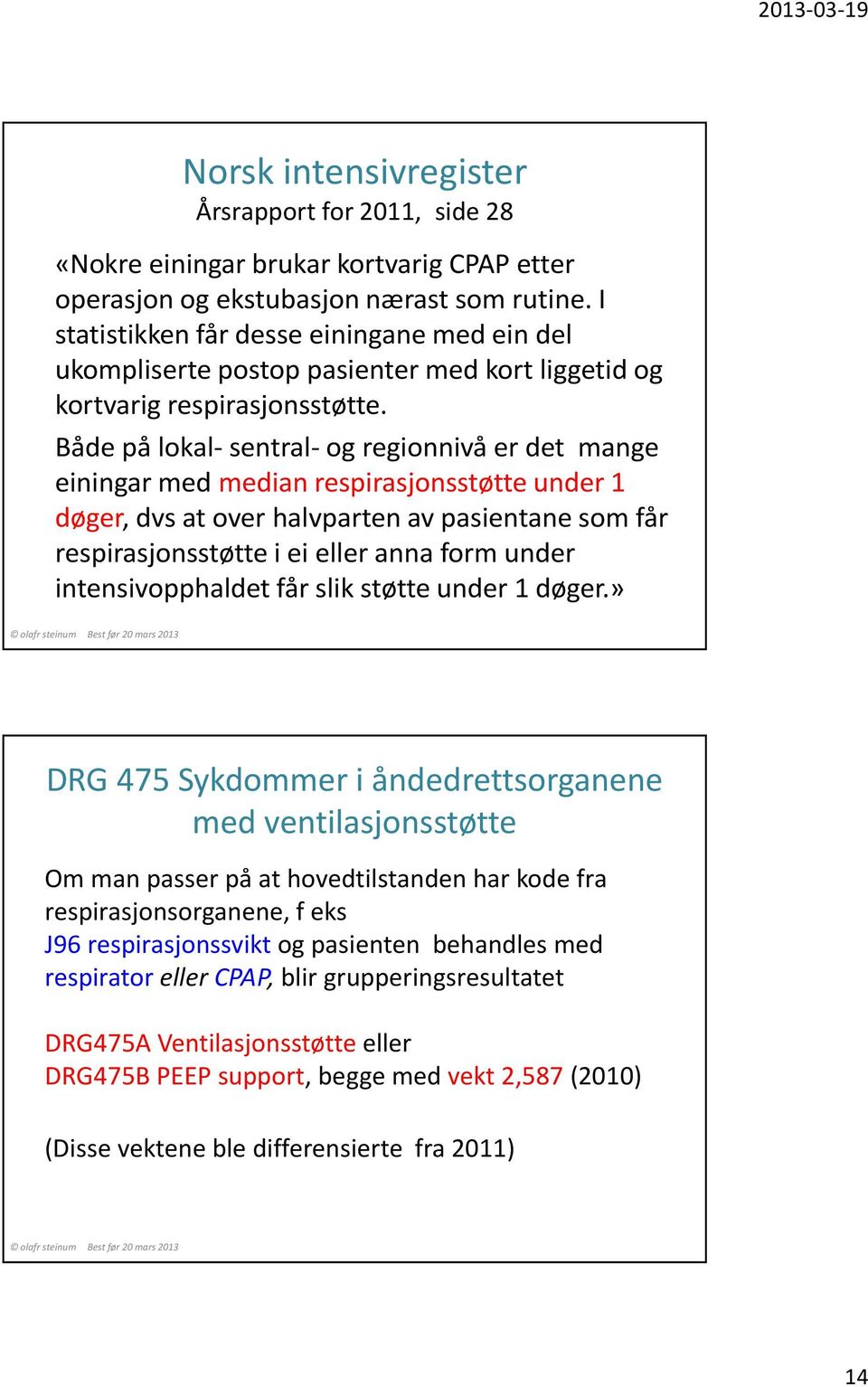 Både på lokal-sentral-og regionnivå er det mange einingar med median respirasjonsstøtte under 1 døger, dvs at over halvparten av pasientane som får respirasjonsstøtte i ei eller anna form under