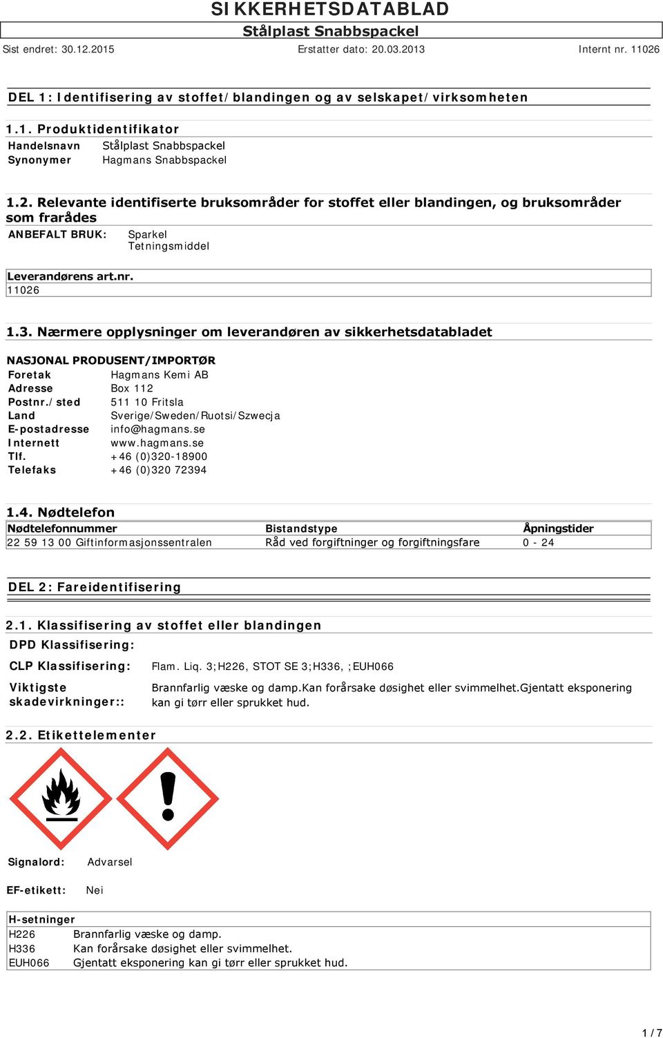 . Nærmere opplysninger om leverandøren av sikkerhetsdatabladet NASJONAL PRODUSENT/IMPORTØR Foretak Hagmans Kemi AB Adresse Box 112 Postnr.