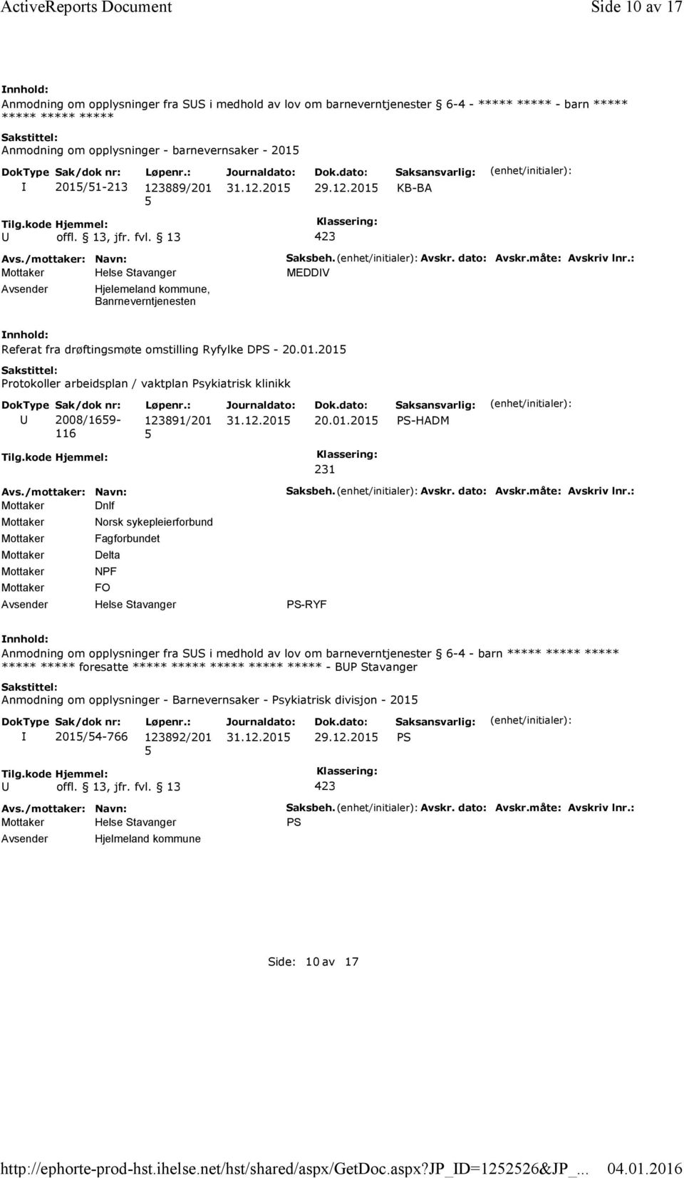 123889/201 29.12.201 Hjelemeland kommune, Banrneverntjenesten Saksbeh. Avskr. dato: Avskr.måte: Avskriv lnr.: MEDDV Referat fra drøftingsmøte omstilling Ryfylke DPS - 20.01.201 2008/169-116 123891/201 20.