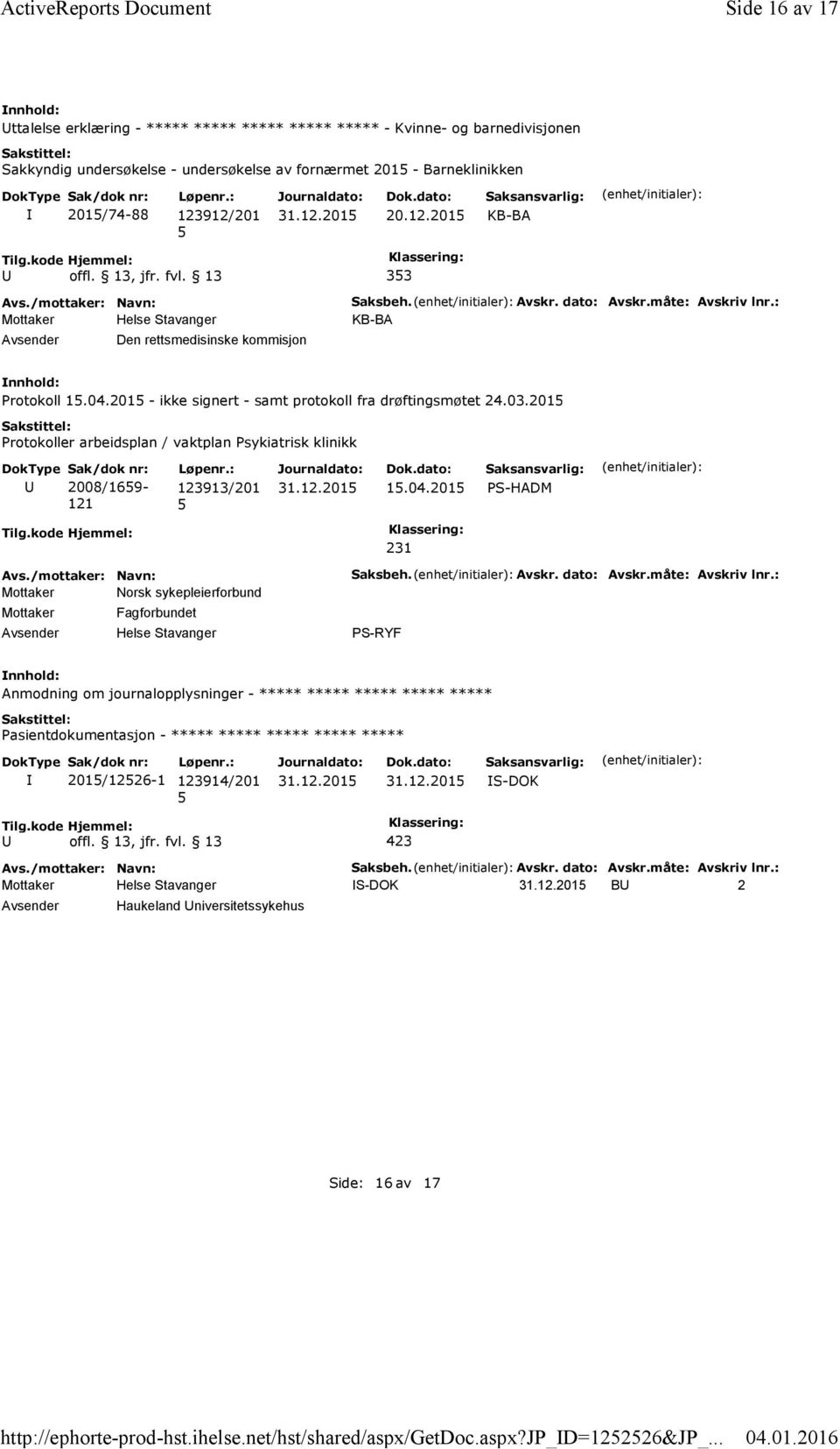 12.201 33 Saksbeh. Avskr. dato: Avskr.måte: Avskriv lnr.: Protokoll 1.04.201 - ikke signert - samt protokoll fra drøftingsmøtet 24.03.201 2008/169-121 123913/201 1.04.201 Mottaker Norsk sykepleierforbund Mottaker Fagforbundet Helse Stavanger Saksbeh.