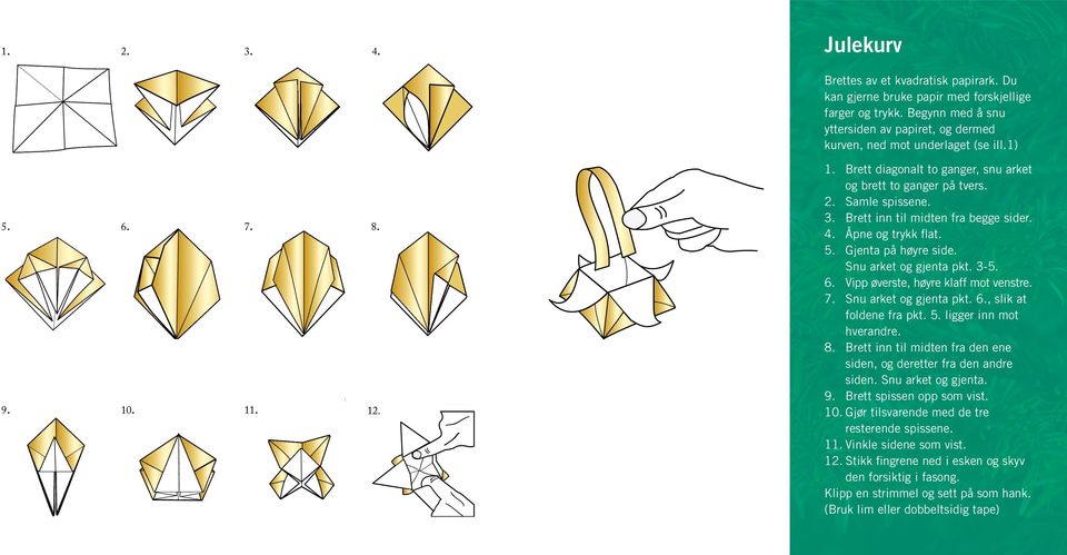 Samle spissene. 3. Brett inn til midten fra begge sider. 4. Åpne og trykk flat. 5. Gjenta på høyre side. Snu arket og gjenta pkt. 3-5. 6. Vipp øverste, høyre klaff mot venstre. 7.