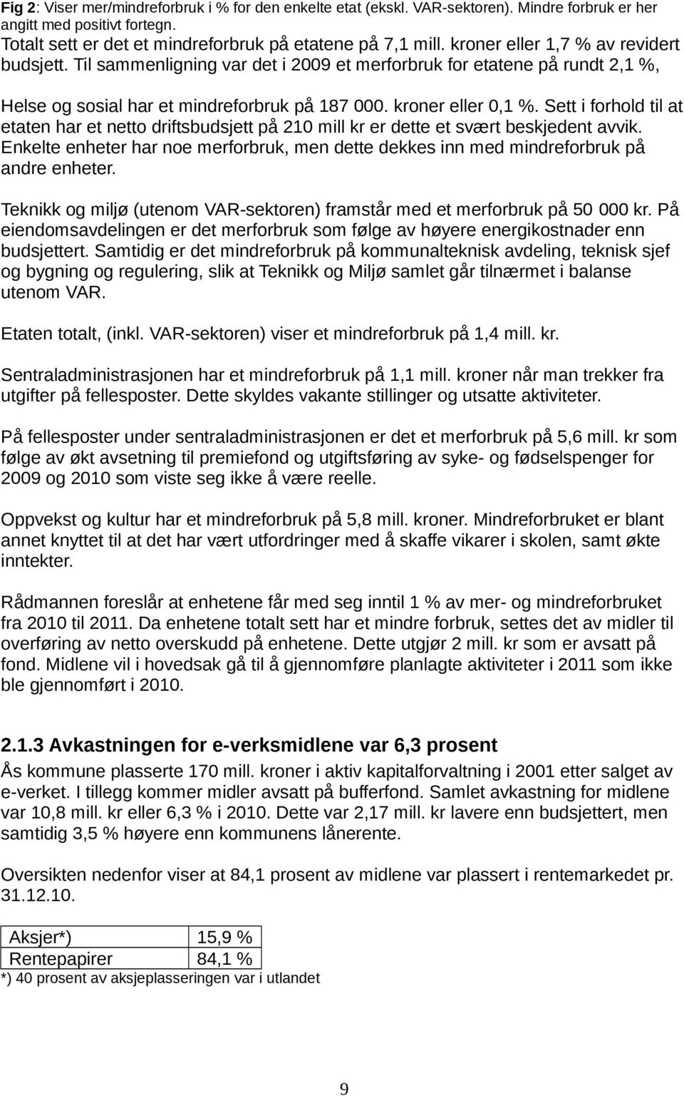 Sett i forhold til at etaten har et netto driftsbudsjett på 21 mill kr er dette et svært beskjedent avvik. Enkelte enheter har noe merforbruk, men dette dekkes inn med mindreforbruk på andre enheter.