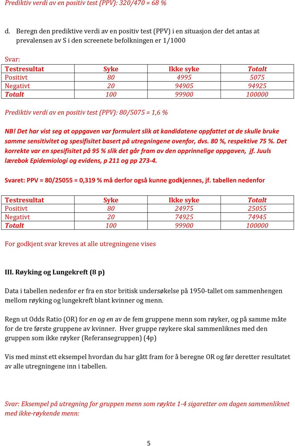 5075 Negativt 20 94905 94925 Totalt 100 99900 100000 Prediktiv verdi av en positiv test (PPV): 80/5075 = 1,6 % NB!