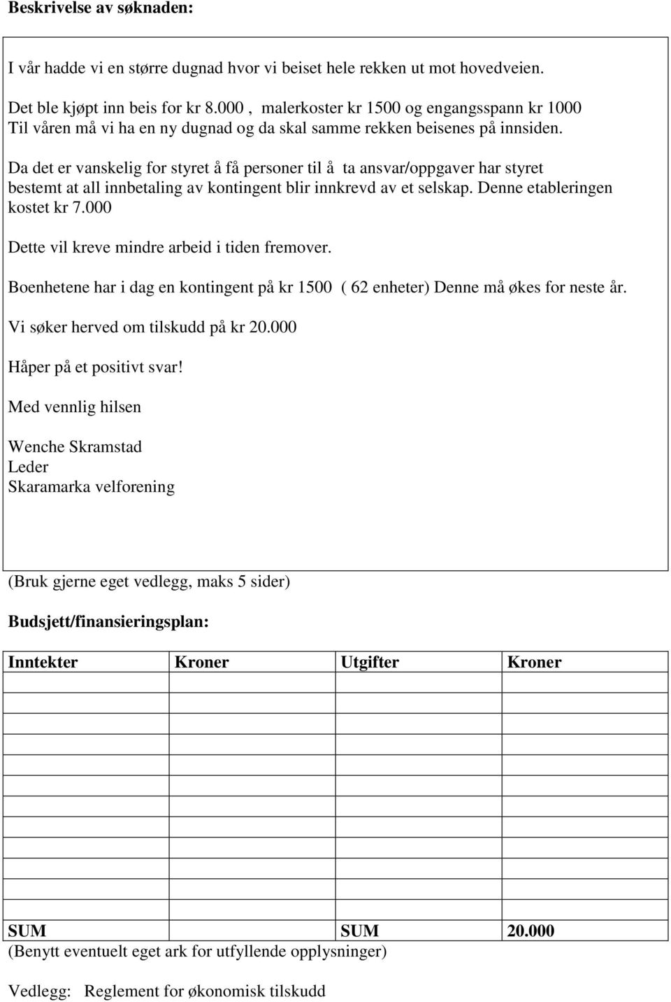 Da det er vanskelig for styret å få personer til å ta ansvar/oppgaver har styret bestemt at all innbetaling av kontingent blir innkrevd av et selskap. Denne etableringen kostet kr 7.