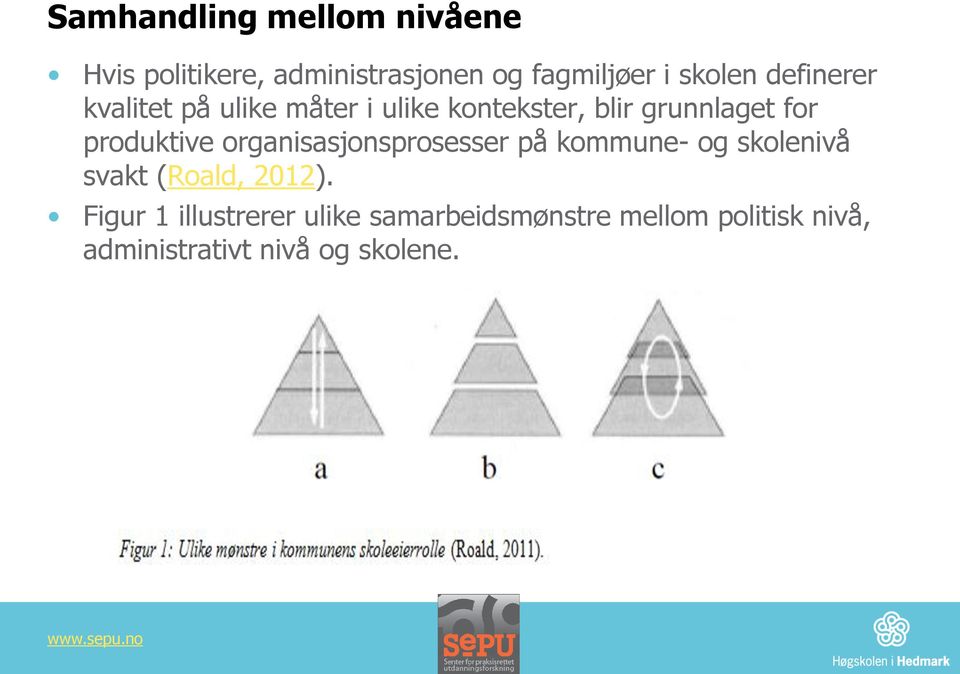 produktive organisasjonsprosesser på kommune- og skolenivå svakt (Roald, 2012).