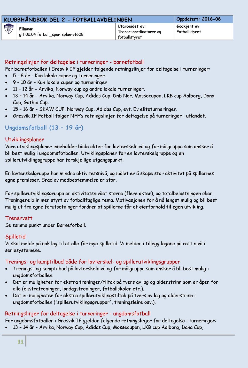 13 14 år - Arvika, Norway Cup, Adidas Cup, Dnb Nor, Mossecupen, LKB cup Aalborg, Dana Cup, Gothia Cup. 15 16 år - SKAW CUP, Norway Cup, Adidas Cup, evt. Ev eliteturneringer.