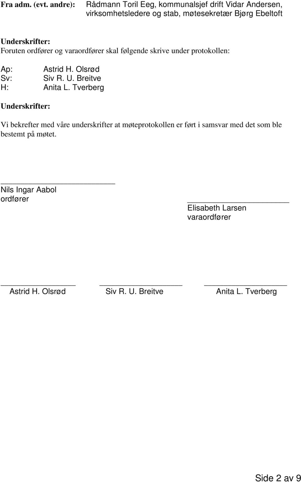 Foruten ordfører og varaordfører skal følgende skrive under protokollen: Ap: Astrid H. Olsrød Sv: Siv R. U. Breitve H: Anita L.