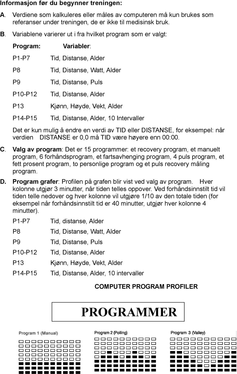 Kjønn, Høyde, Vekt, Alder Tid, Distanse, Alder, 10 Intervaller Det er kun mulig å endre en verdi av TID eller DISTANSE, for eksempel: når verdien DISTANSE er 0,0 må TID være høyere enn 00:00. C.