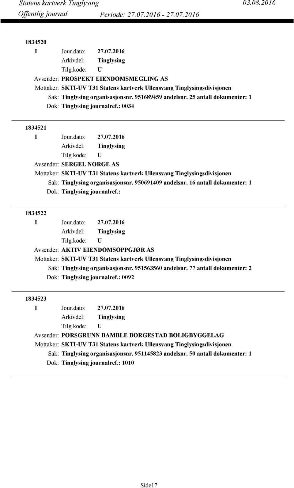 16 antall dokumenter: 1 Dok: journalref.: 1834522 Avsender: AKTIV EIENDOMSOPPGJØR AS organisasjonsnr. 951563560 andelsnr.