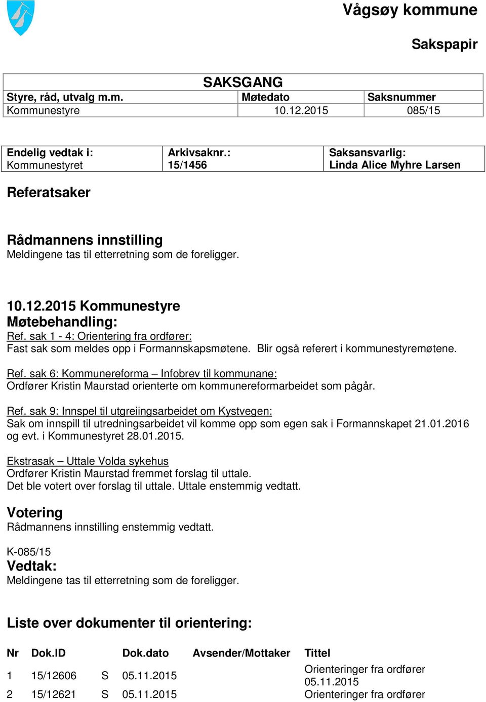 sak 1-4: Orientering fra ordfører: Fast sak som meldes opp i Formannskapsmøtene. Blir også referert i kommunestyremøtene. Ref.