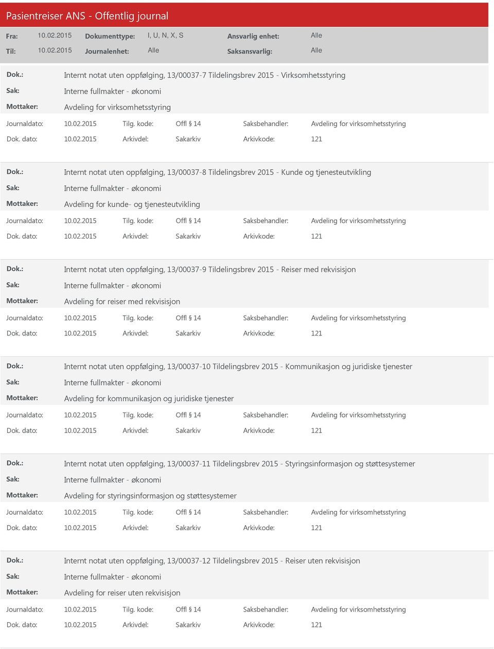 rekvisisjon Internt notat uten oppfølging, 13/00037-10 Tildelingsbrev 2015 - Kommunikasjon og juridiske tjenester Internt notat uten oppfølging, 13/00037-11