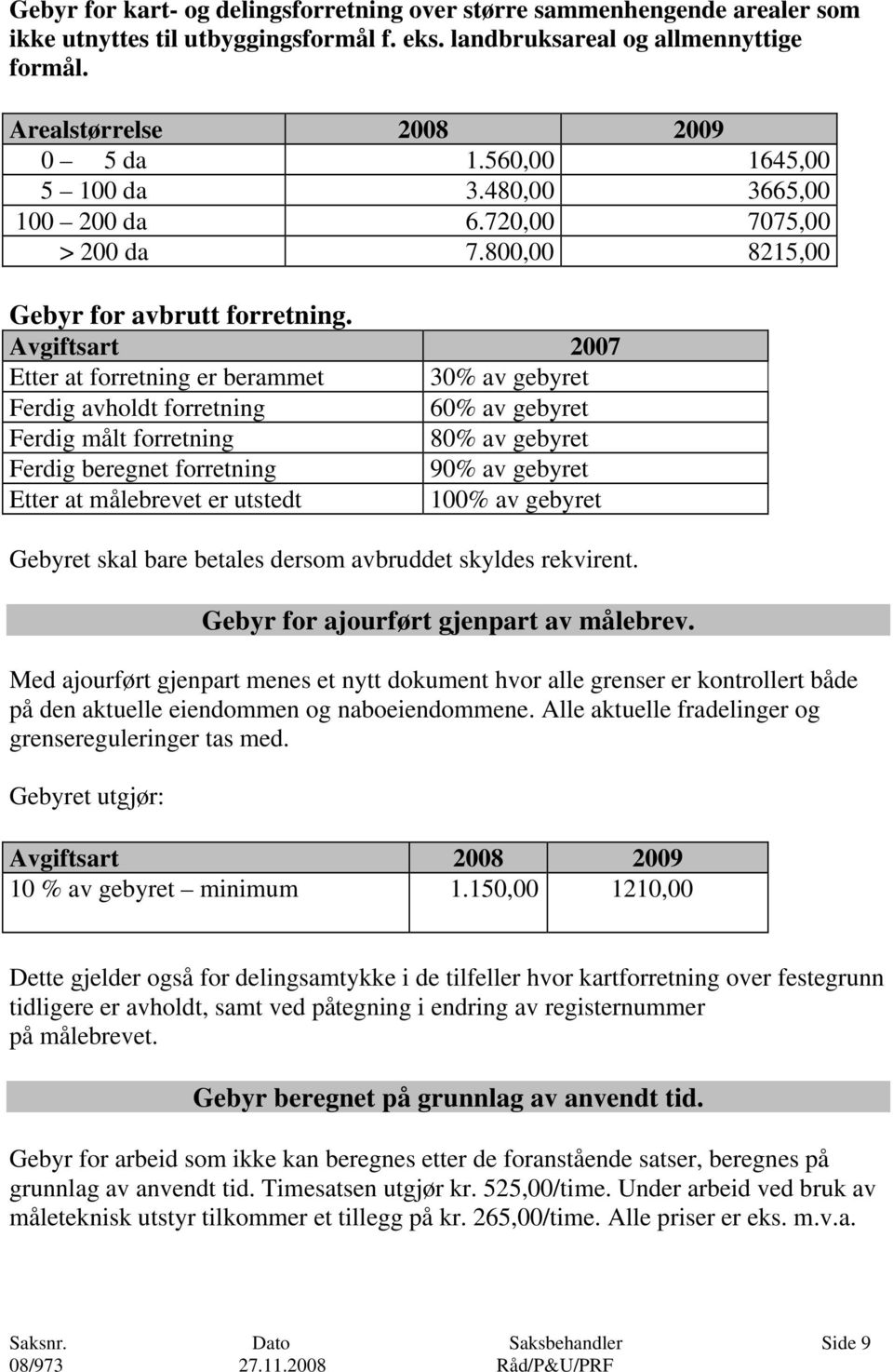 Avgiftsart 2007 Etter at forretning er berammet 30% av gebyret Ferdig avholdt forretning 60% av gebyret Ferdig målt forretning 80% av gebyret Ferdig beregnet forretning 90% av gebyret Etter at