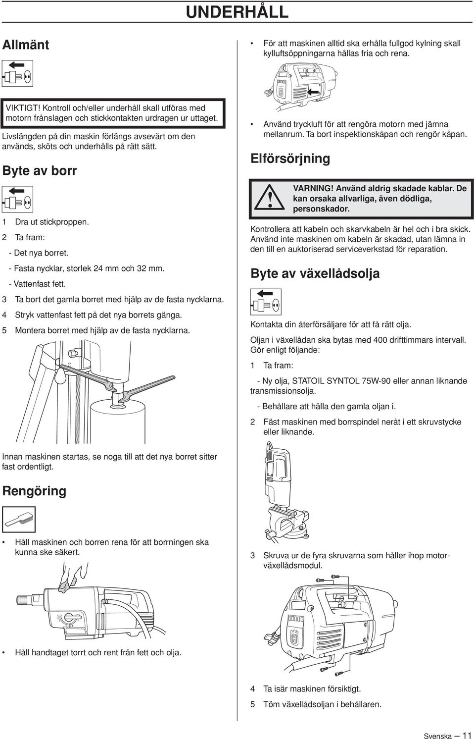 Livslängden på din maskin förlängs avsevärt om den används, sköts och underhålls på rätt sätt. Byte av borr 1 Dra ut stickproppen. 2 Ta fram: - Det nya borret.