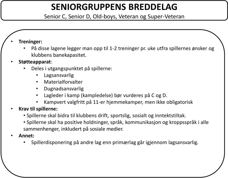 Støtteapparat: Deles i utgangspunktet på spillerne: Lagsansvarlig Materialforvalter Dugnadsansvarlig Lagleder i kamp (kampledelse) bør vurderes på C og D.