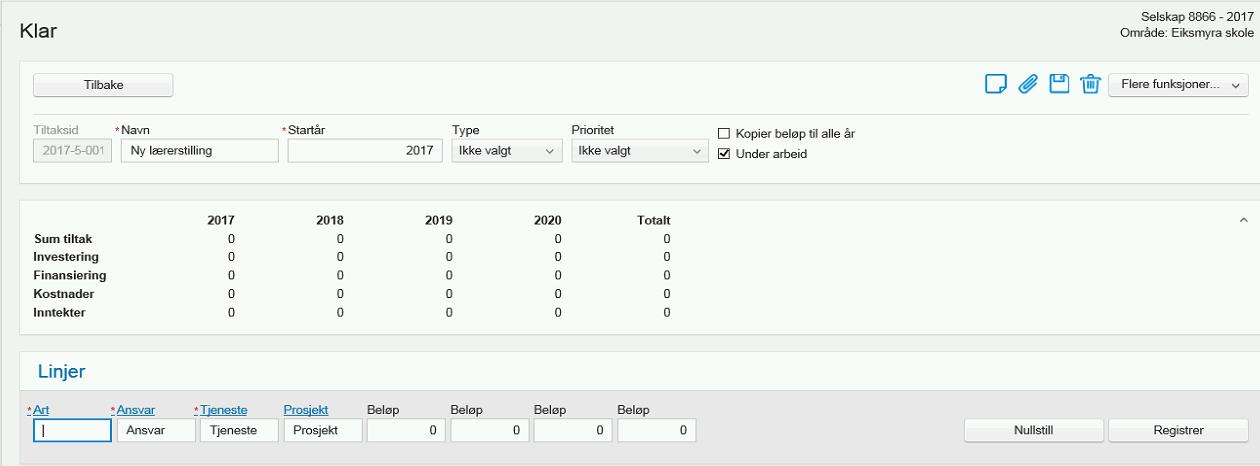 «Type tiltak» er obligatoriske felt. Trykk på listepila i feltet for type tiltak og velg fra lista.