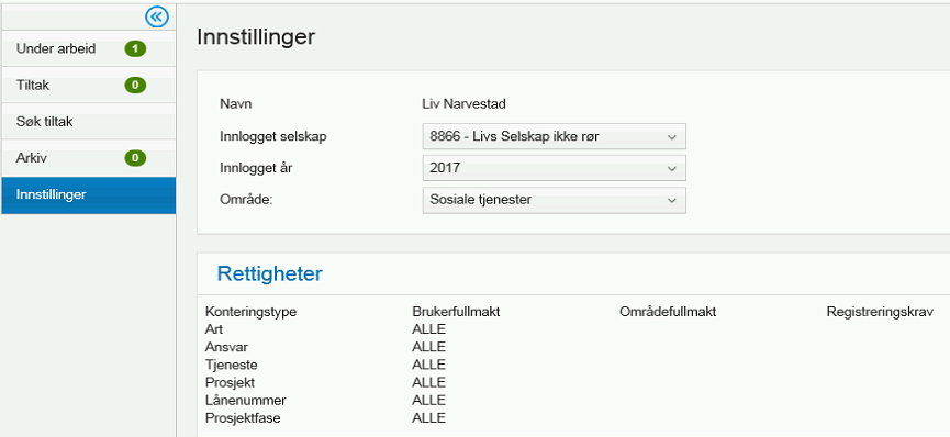 Vertikalmenyen Til venstre finner du vertikalmenyen. Denne inneholder følgende valg: Under arbeid Her finner du alle budsjettversjoner med status «Grunnlag/Under arbeid» og «Avvist» på aktuelt område.