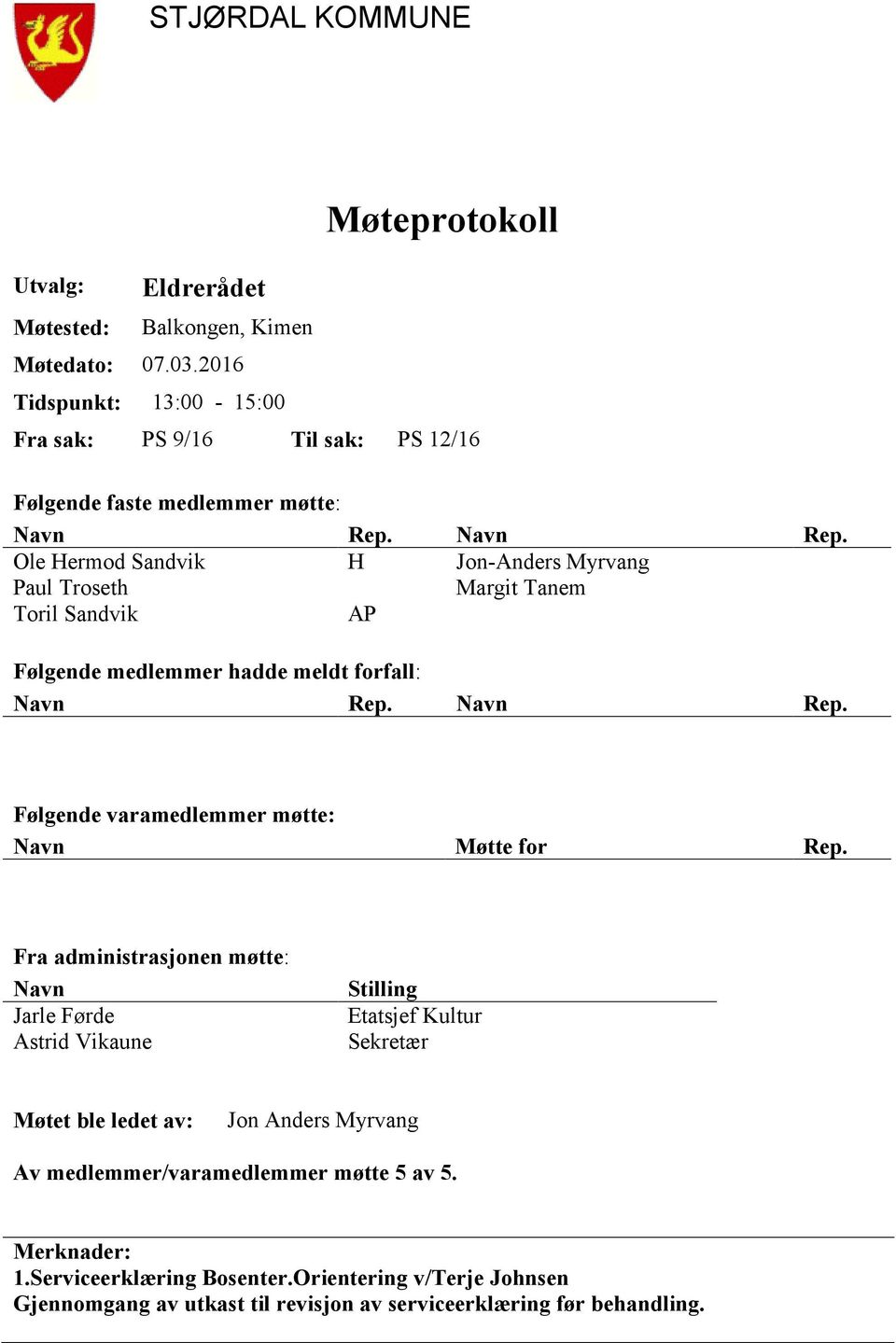 Navn Rep. Ole Hermod Sandvik H Jon-Anders Myrvang Paul Troseth Toril Sandvik AP Margit Tanem Følgende medlemmer hadde meldt forfall: Navn Rep.