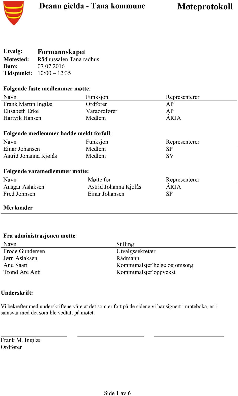 hadde meldt forfall: Navn Funksjon Representerer Einar Johansen Medlem SP Astrid Johanna Kjølås Medlem SV Følgende varamedlemmer møtte: Navn Møtte for Representerer Ansgar Aslaksen Astrid Johanna