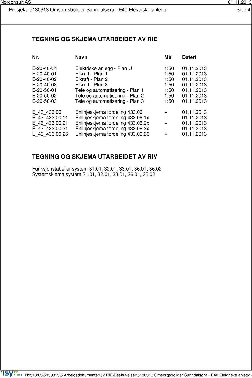 11.2013 E-20-50-03 Tele og automatisering - Plan 3 1:50 01.11.2013 E_43_433.06 Enlinjeskjema fordeling 433.06 -- 01.11.2013 E_43_433.00.11 Enlinjeskjema fordeling 433.06.1x -- 01.11.2013 E_43_433.00.21 Enlinjeskjema fordeling 433.