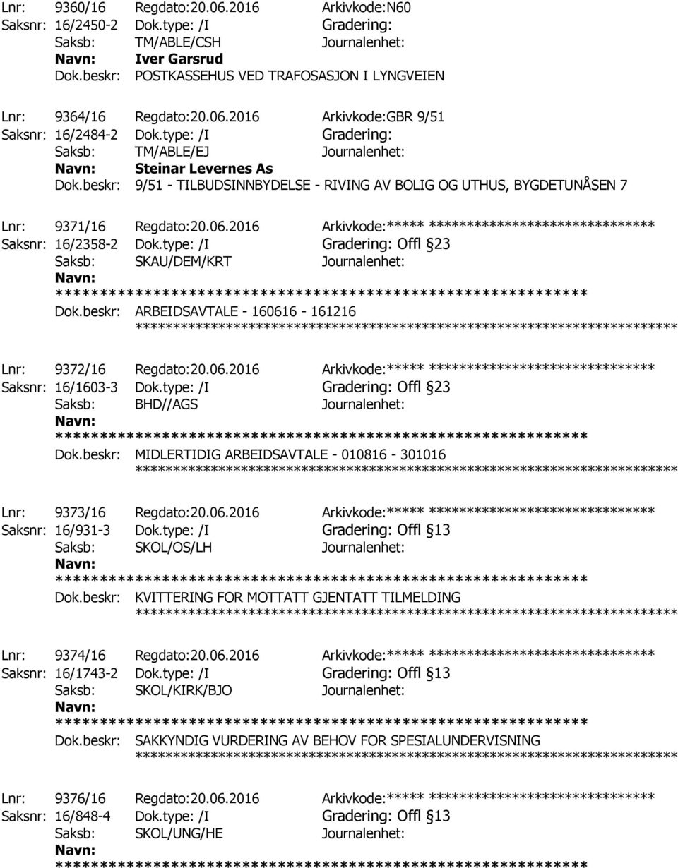 beskr: 9/51 - TILBUDSINNBYDELSE - RIVING AV BOLIG OG UTHUS, BYGDETUNÅSEN 7 ************ Lnr: 9371/16 Regdato:20.06.2016 Arkivkode:***** ****************************** Saksnr: 16/2358-2 Dok.