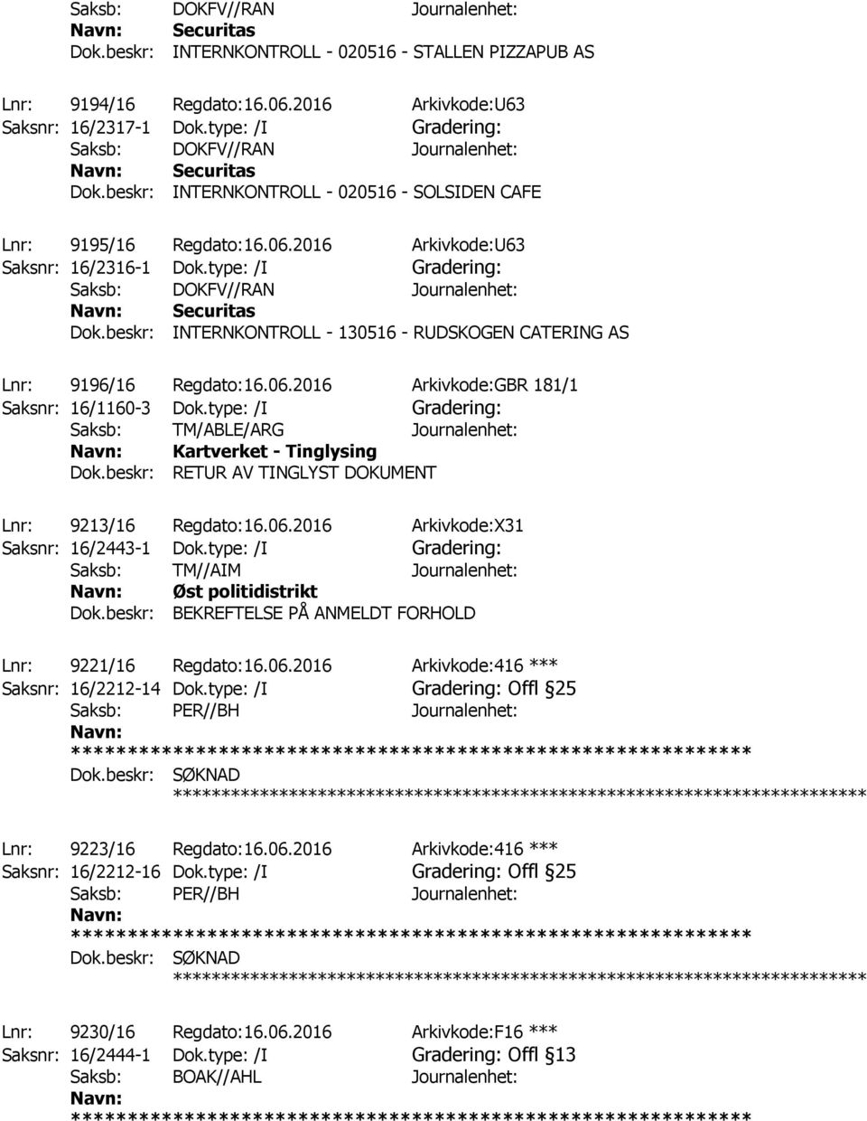 type: /I Gradering: Saksb: DOKFV//RAN Journalenhet: Securitas Dok.beskr: INTERNKONTROLL - 130516 - RUDSKOGEN CATERING AS Lnr: 9196/16 Regdato:16.06.2016 Arkivkode:GBR 181/1 Saksnr: 16/1160-3 Dok.