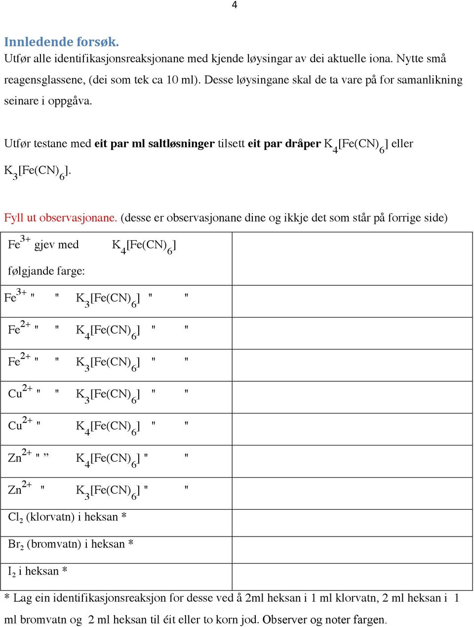 (desse er observasjonane dine og ikkje det som står på forrige side) Fe 3+ gjev med K 4 ] følgjande farge: Fe 3+ " " K 3 Fe 2+ " " K 4 Fe 2+ " " K 3 Cu 2+ " " K 3 Cu 2+ " K 4 Zn 2+ " K 4 Zn 2+