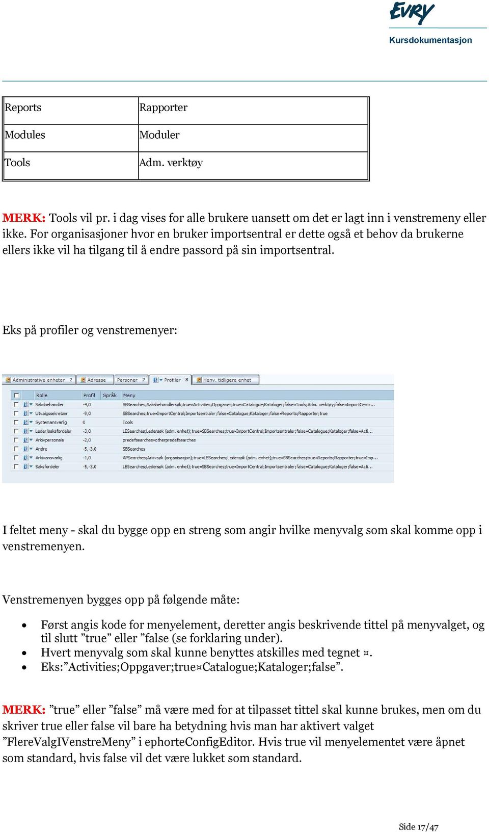 Eks på profiler og venstremenyer: I feltet meny - skal du bygge opp en streng som angir hvilke menyvalg som skal komme opp i venstremenyen.