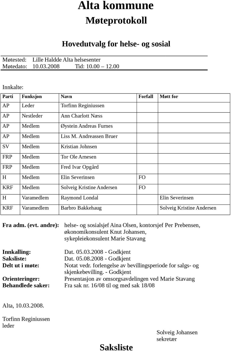 Andreassen Bruer SV Medlem Kristian Johnsen FRP Medlem Tor Ole Arnesen FRP Medlem Fred Ivar Opgård H Medlem Elin Severinsen FO KRF Medlem Solveig Kristine Andersen FO H Varamedlem Raymond Londal Elin