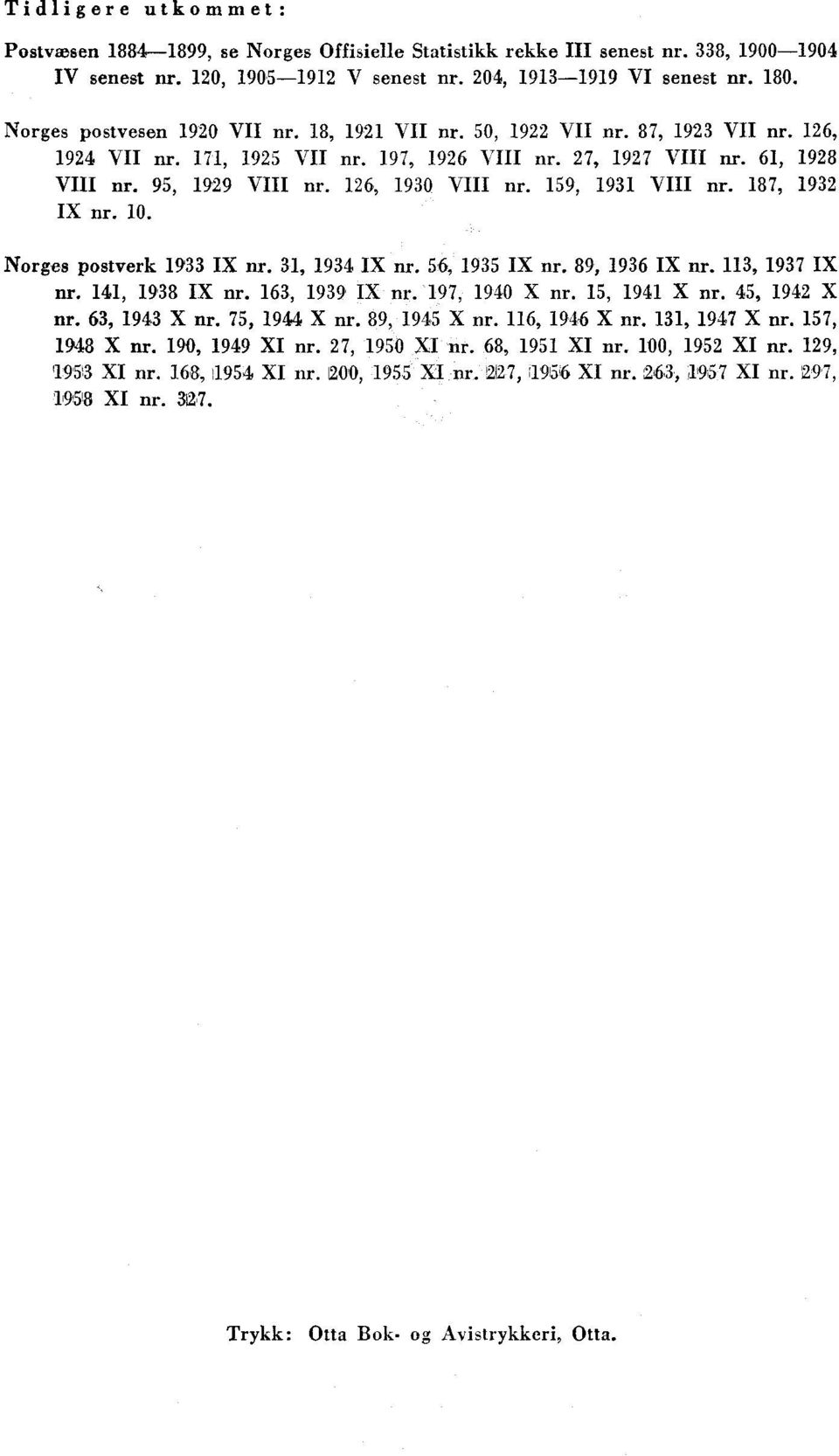 126, 1930 VIII nr. 159, 1931 VIII nr. 187, 1932 IX nr. 10. Norges postverk 1933 IX nr. 31, 1934 IX nr. 56, 1935 IX nr. 89, 1936 IX nr. 113, 1937 IX nr. 141, 1938 IX nr. 163, 1939 IX nr.