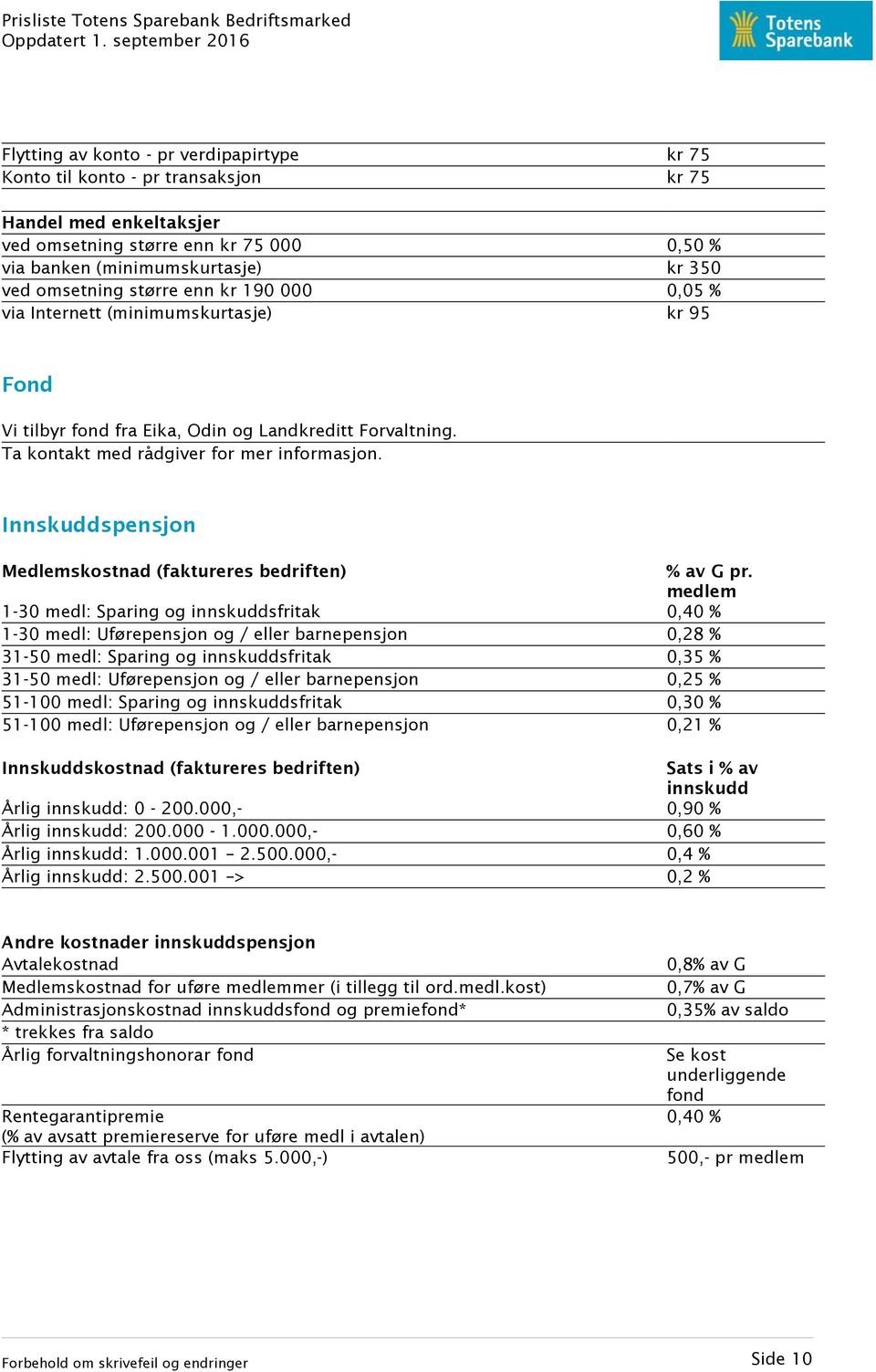 Innskuddspensjon Medlemskostnad (faktureres bedriften) % av G pr.