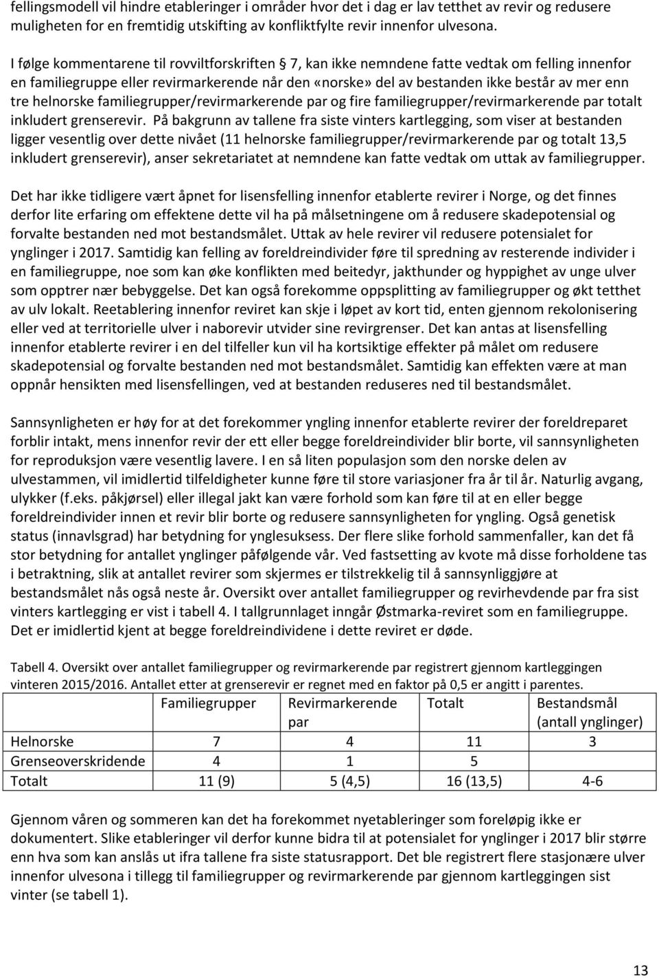 helnorske familiegrupper/revirmarkerende par og fire familiegrupper/revirmarkerende par totalt inkludert grenserevir.