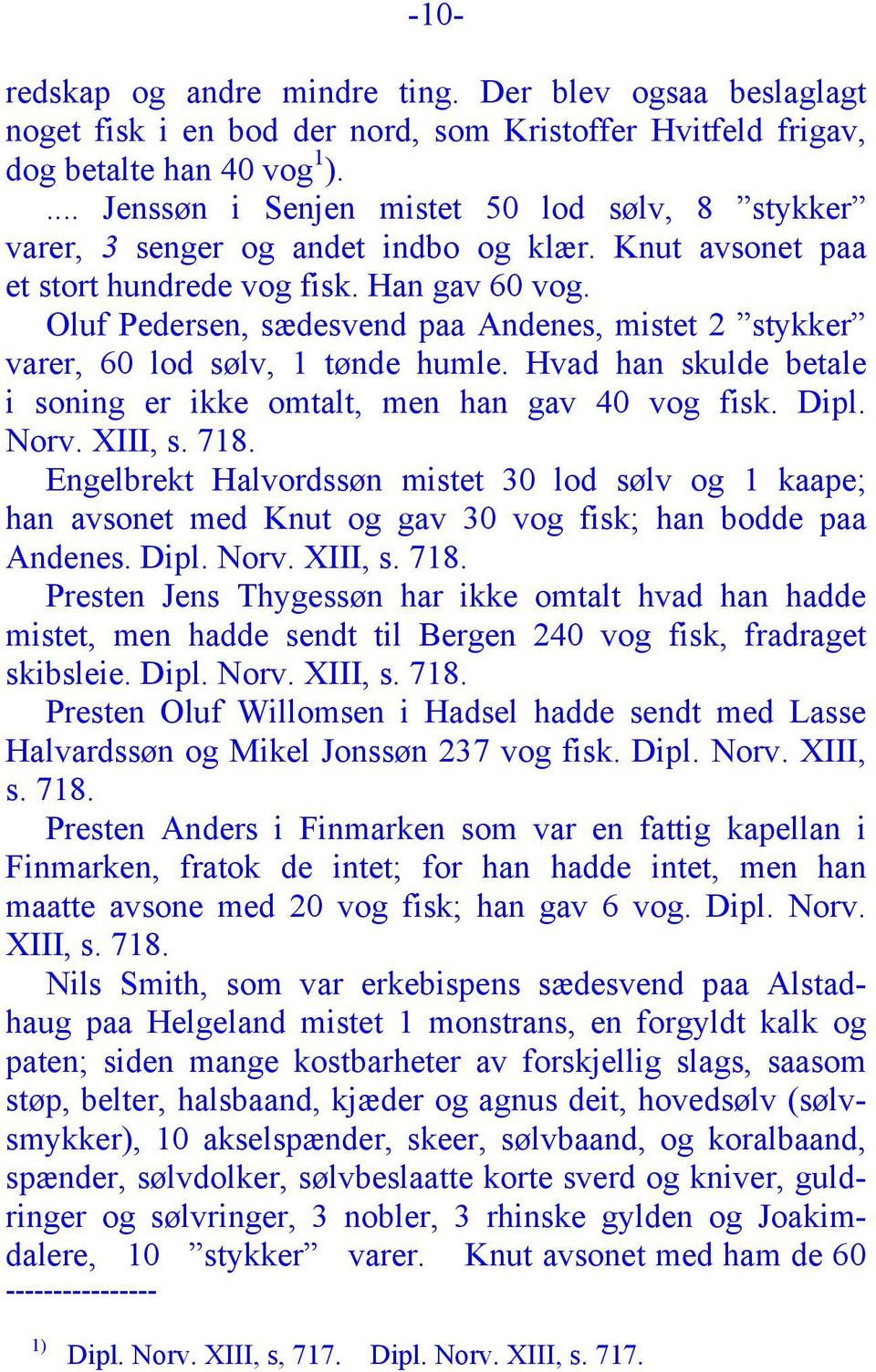 Oluf Pedersen, sædesvend paa Andenes, mistet 2 stykker varer, 60 lod sølv, 1 tønde humle. Hvad han skulde betale i soning er ikke omtalt, men han gav 40 vog fisk. Dipl. Norv. XIII, s. 718.