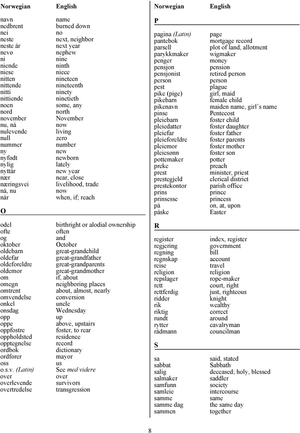 now when, if; reach P pagina (Latin) pantebok parsell parykkmaker penger pensjon pensjonist person pest pike (pige) pikebarn pikenavn pinse pleiebarn pleiedatter pleiefar pleieforeldre pleiemor