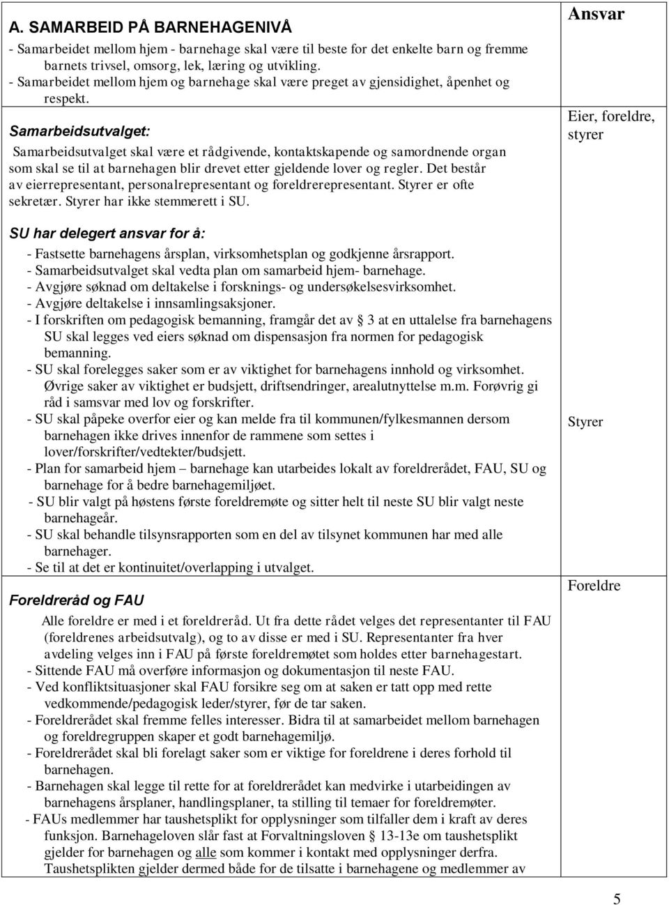 Samarbeidsutvalget: Samarbeidsutvalget skal være et rådgivende, kontaktskapende og samordnende organ som skal se til at barnehagen blir drevet etter gjeldende lover og regler.