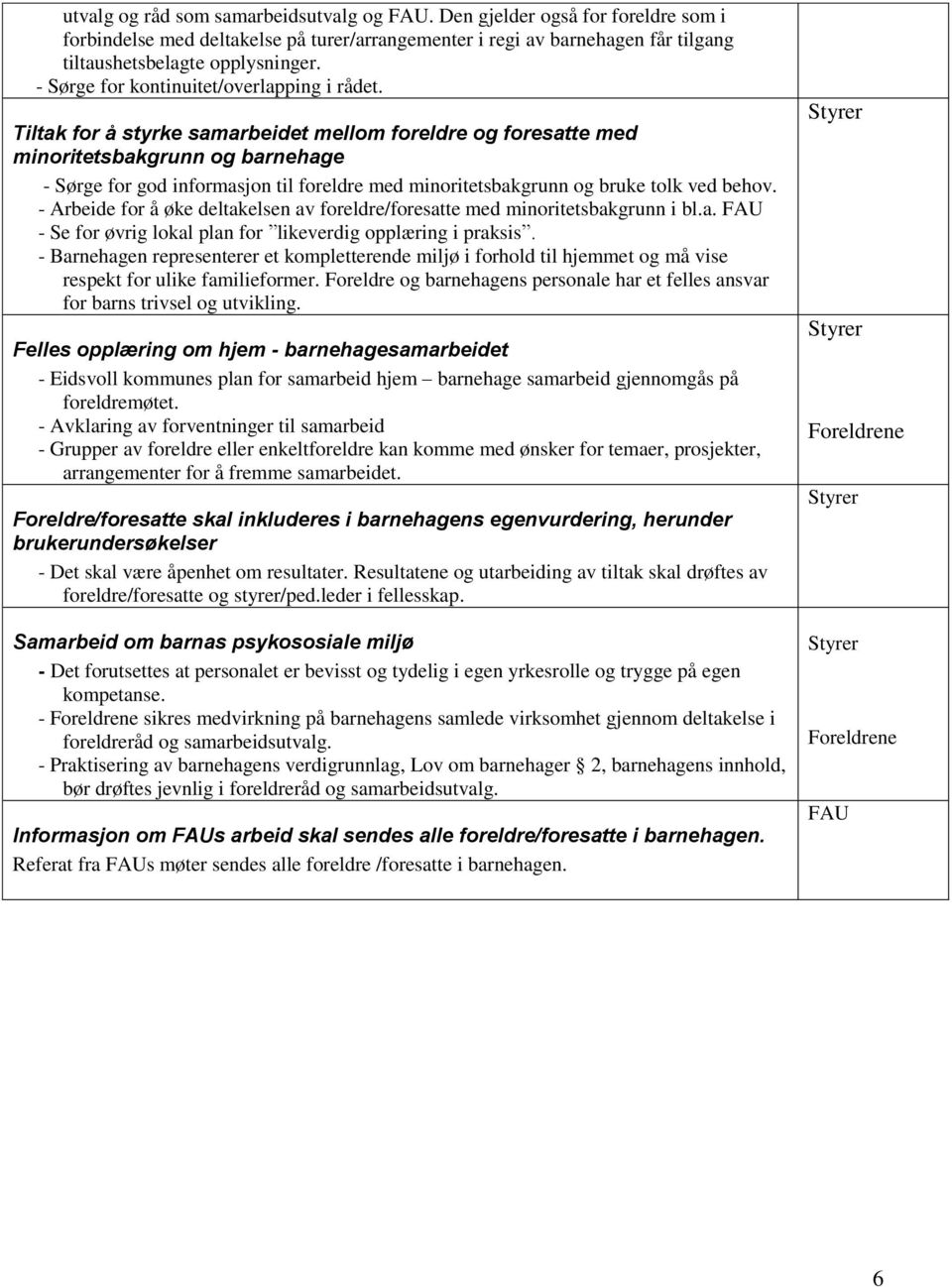 Tiltak for å styrke samarbeidet mellom foreldre og foresatte med minoritetsbakgrunn og barnehage - Sørge for god informasjon til foreldre med minoritetsbakgrunn og bruke tolk ved behov.