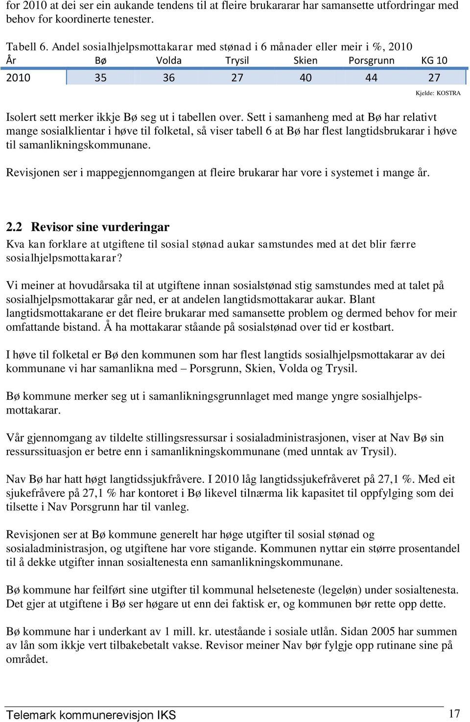 over. Sett i samanheng med at Bø har relativt mange sosialklientar i høve til folketal, så viser tabell 6 at Bø har flest langtidsbrukarar i høve til samanlikningskommunane.